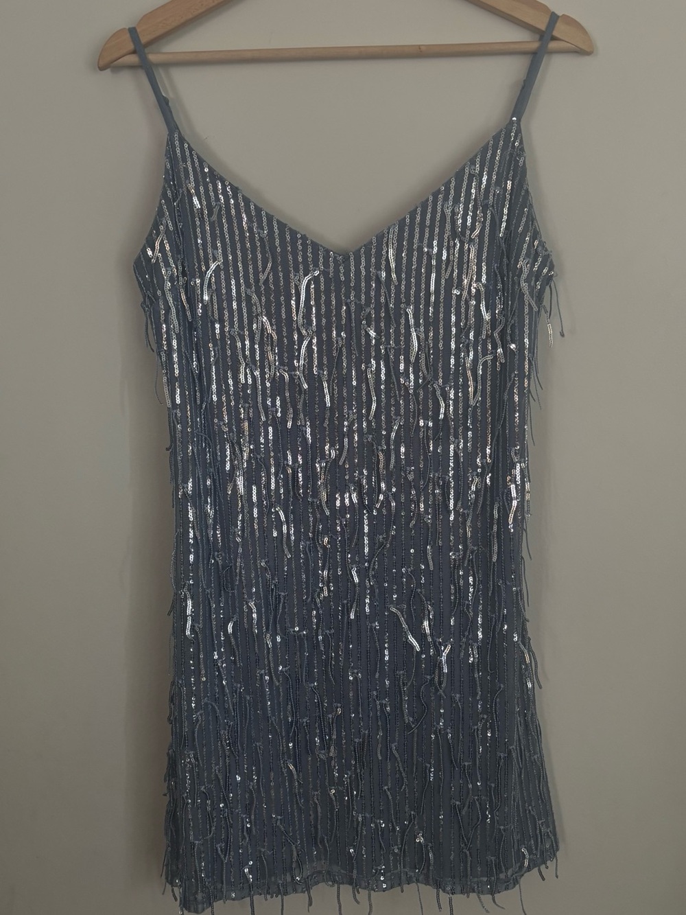 Blue Sequin Fringe Mini Dress‎ Spaghetti Strap V-Neck Party Size L